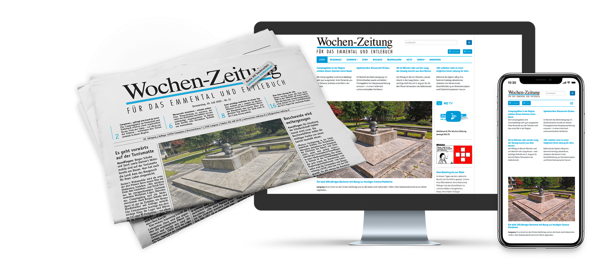 Darstellung Wochen-Zeitung Druck, Webseite und Mobile Applikation